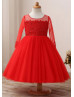 Beaded Red Lace Tulle Flower Girl Dress Birthday Party Dress